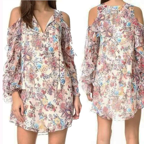 Haute Hippie Womens 100% Silk Flowers in the Sun Cold Shoulder Dress Size M Mini - Picture 1 of 9